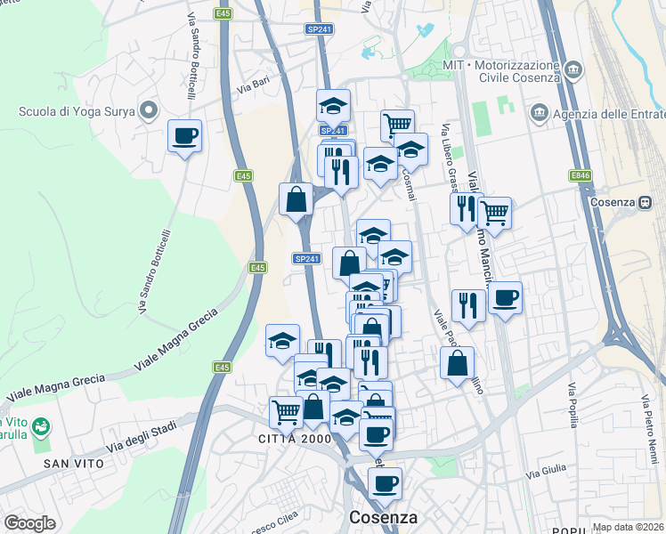 map of restaurants, bars, coffee shops, grocery stores, and more near 16 Via Antonio Lanza in Cosenza
