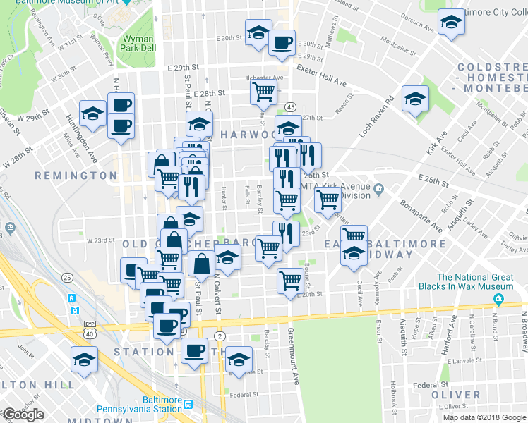 map of restaurants, bars, coffee shops, grocery stores, and more near 2407 Barclay Street in Baltimore