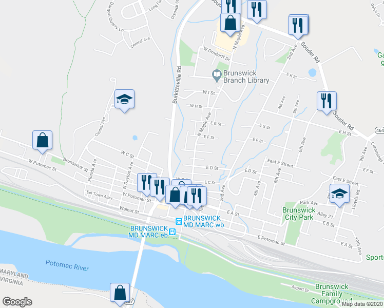 map of restaurants, bars, coffee shops, grocery stores, and more near 415 North Maple Avenue in Brunswick