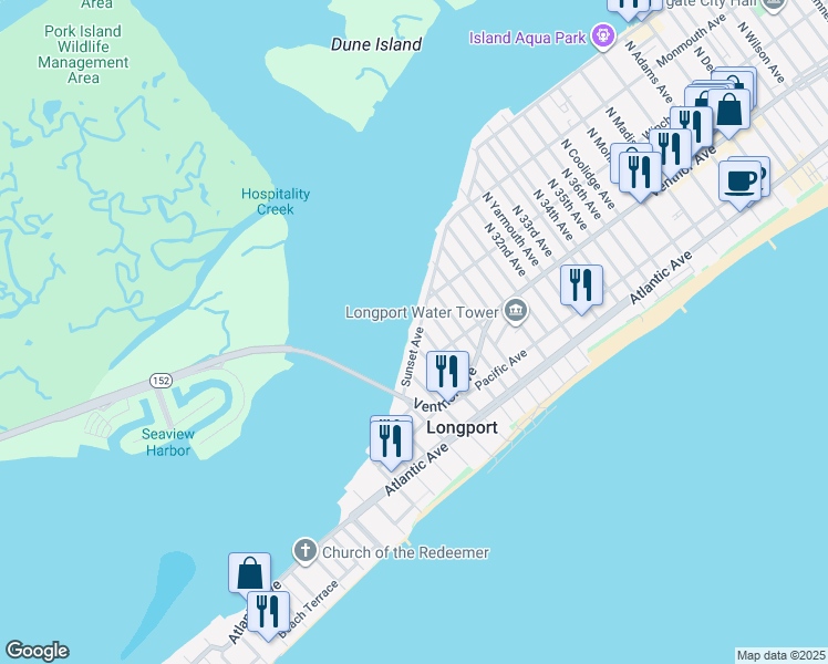 map of restaurants, bars, coffee shops, grocery stores, and more near 2901 Sunset Avenue in Longport