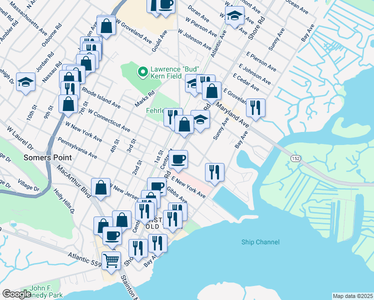 map of restaurants, bars, coffee shops, grocery stores, and more near 612 Shore Road in Somers Point
