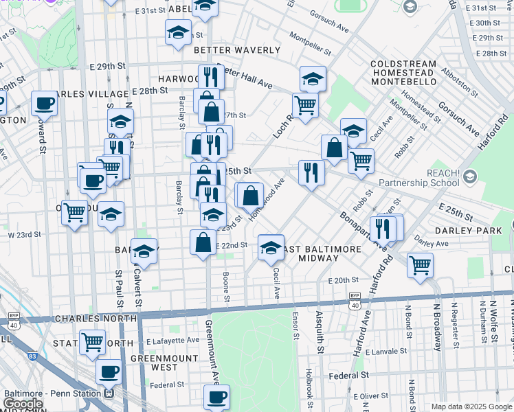 map of restaurants, bars, coffee shops, grocery stores, and more near 654 Bartlett Avenue in Baltimore