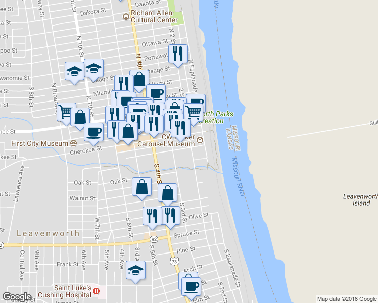 map of restaurants, bars, coffee shops, grocery stores, and more near 402 South 2nd Street in Leavenworth