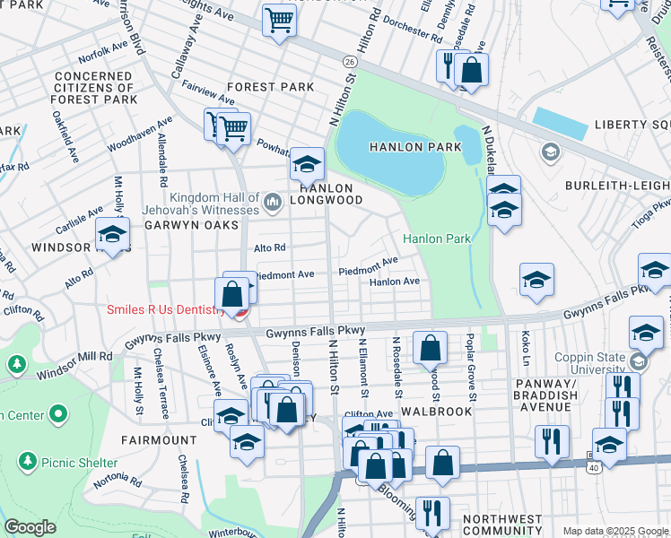 map of restaurants, bars, coffee shops, grocery stores, and more near 2603 North Hilton Street in Baltimore
