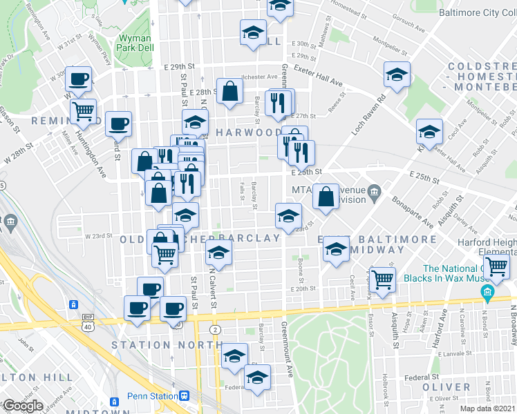 map of restaurants, bars, coffee shops, grocery stores, and more near 2409 Barclay Street in Baltimore
