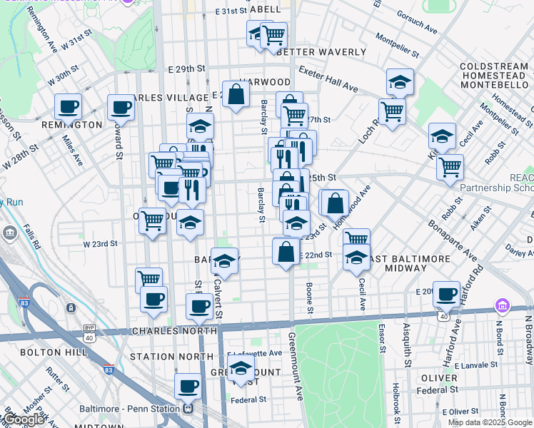 map of restaurants, bars, coffee shops, grocery stores, and more near 2409 Barclay Street in Baltimore
