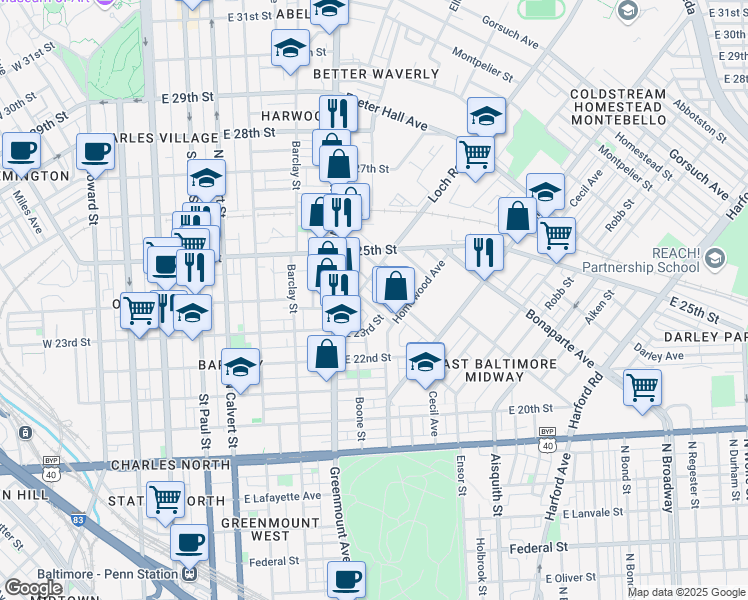 map of restaurants, bars, coffee shops, grocery stores, and more near 618 Cokesbury Avenue in Baltimore