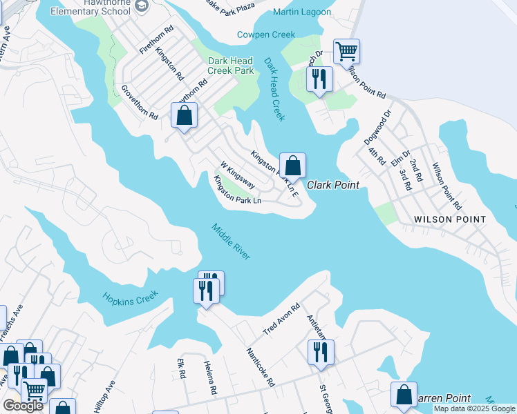 map of restaurants, bars, coffee shops, grocery stores, and more near 76 Kingston Park Lane in Middle River