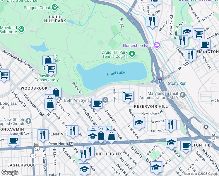 map of restaurants, bars, coffee shops, grocery stores, and more near 903 Druid Park Lake Drive in Baltimore