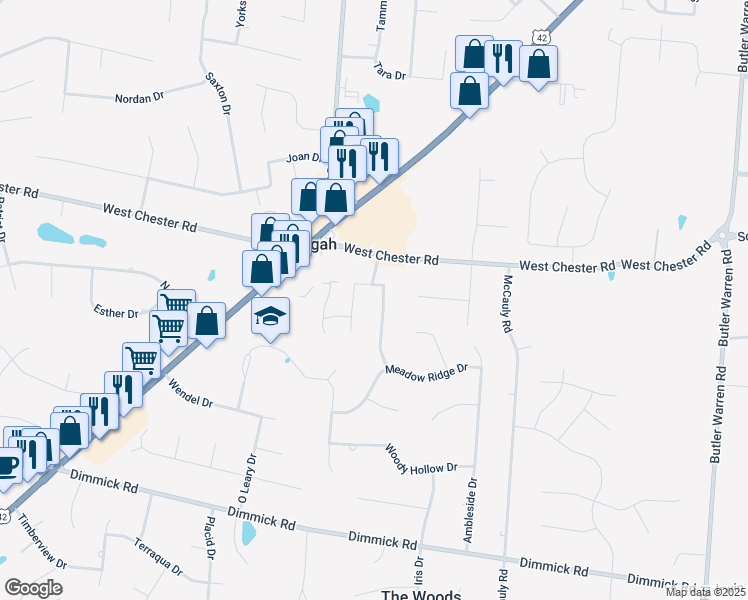 map of restaurants, bars, coffee shops, grocery stores, and more near 9289 Hare Drive in Butler County