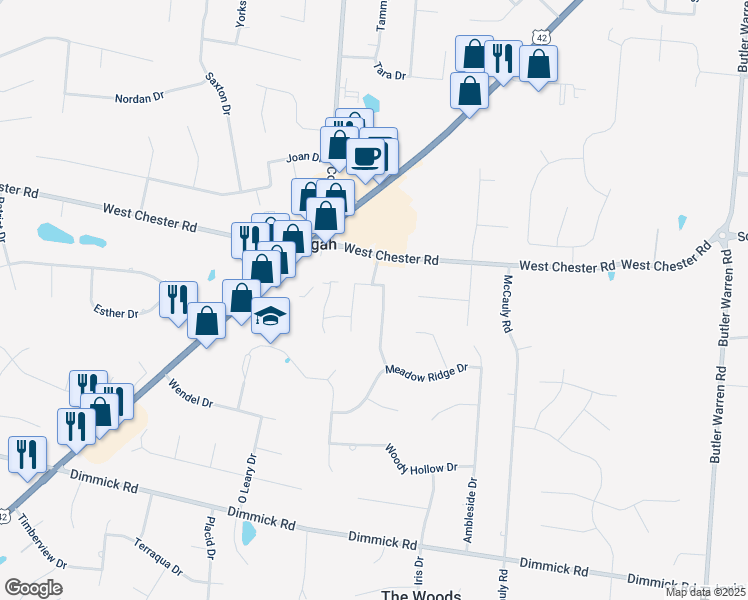 map of restaurants, bars, coffee shops, grocery stores, and more near 9289 Hare Drive in Butler County