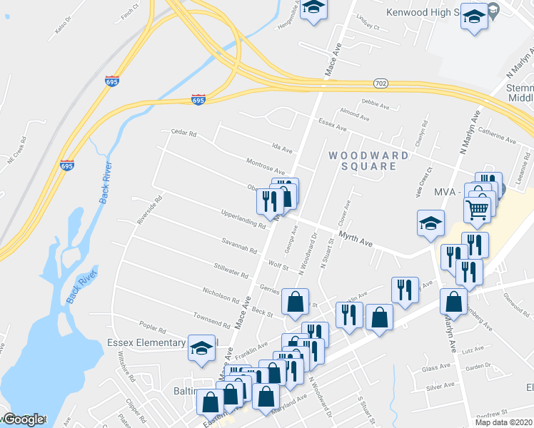 map of restaurants, bars, coffee shops, grocery stores, and more near 704 Mace Avenue in Essex