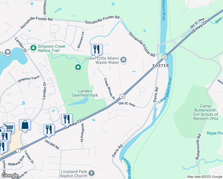 map of restaurants, bars, coffee shops, grocery stores, and more near 8232 Creek Woods Place in Maineville