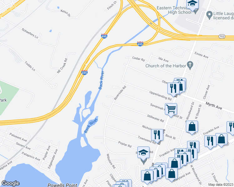 map of restaurants, bars, coffee shops, grocery stores, and more near 512 Riverside Road in Essex