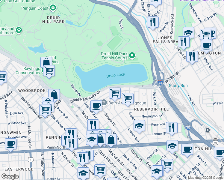 map of restaurants, bars, coffee shops, grocery stores, and more near 901 Druid Park Lake Drive in Baltimore