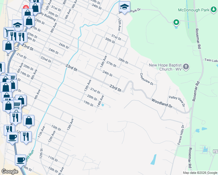 map of restaurants, bars, coffee shops, grocery stores, and more near 1412 23rd Street in Vienna