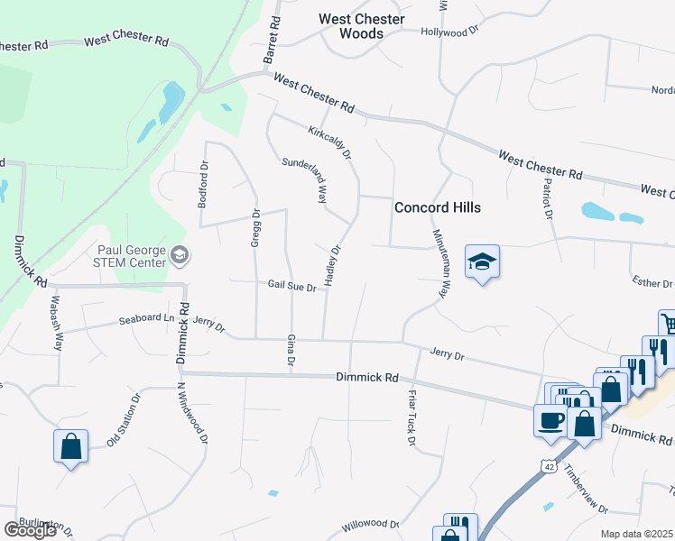map of restaurants, bars, coffee shops, grocery stores, and more near 9448 Hadley Drive in Butler County