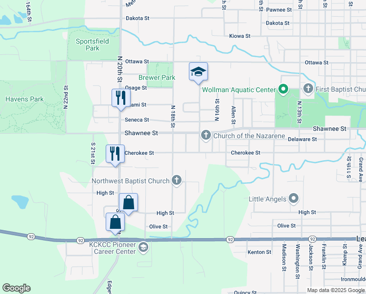 map of restaurants, bars, coffee shops, grocery stores, and more near 204 Topeka Avenue in Leavenworth