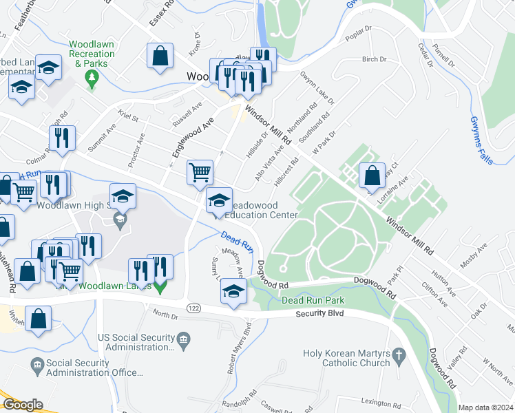 map of restaurants, bars, coffee shops, grocery stores, and more near 1910 Hillcrest Road in Baltimore