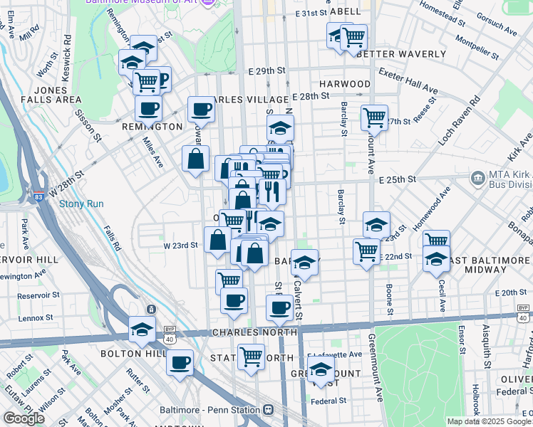 map of restaurants, bars, coffee shops, grocery stores, and more near 20 East 24th Street in Baltimore