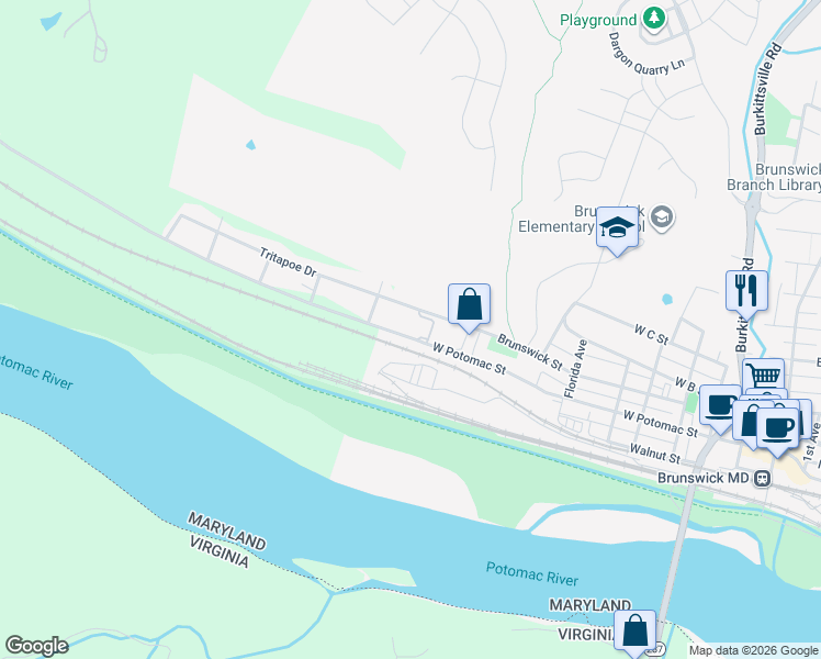 map of restaurants, bars, coffee shops, grocery stores, and more near 817 West Potomac Street in Brunswick
