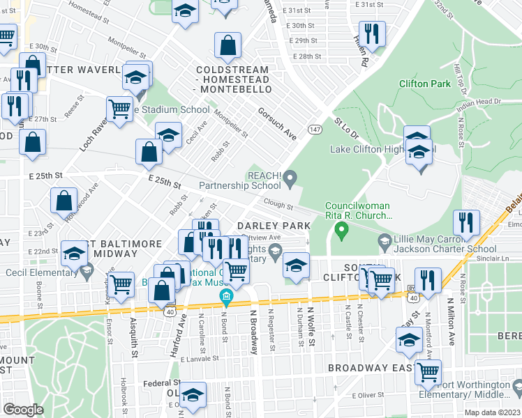 map of restaurants, bars, coffee shops, grocery stores, and more near 1614 East 25th Street in Baltimore