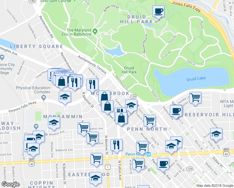 map of restaurants, bars, coffee shops, grocery stores, and more near 2354 Orem Avenue in Baltimore