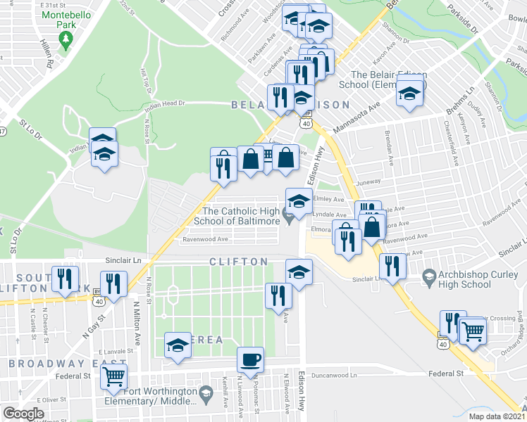 map of restaurants, bars, coffee shops, grocery stores, and more near 3414 Lyndale Avenue in Baltimore