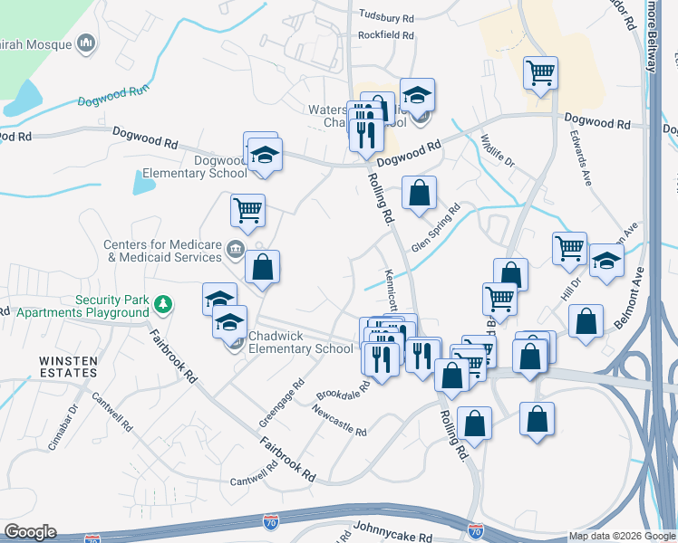 map of restaurants, bars, coffee shops, grocery stores, and more near 7202 Barlow Court in Woodlawn