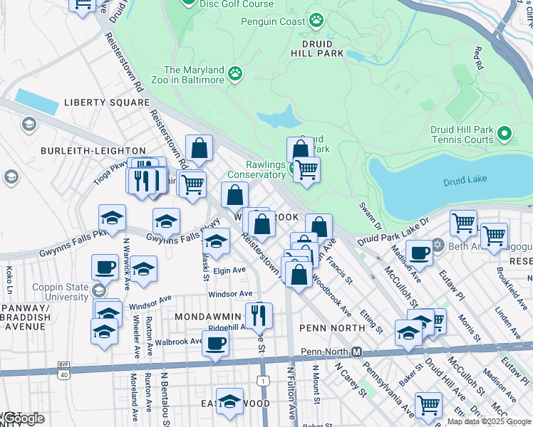 map of restaurants, bars, coffee shops, grocery stores, and more near 2308 Whittier Avenue in Baltimore