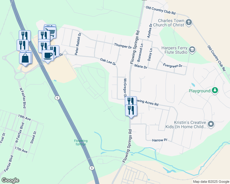 map of restaurants, bars, coffee shops, grocery stores, and more near 904 Oak Lee Drive in Ranson