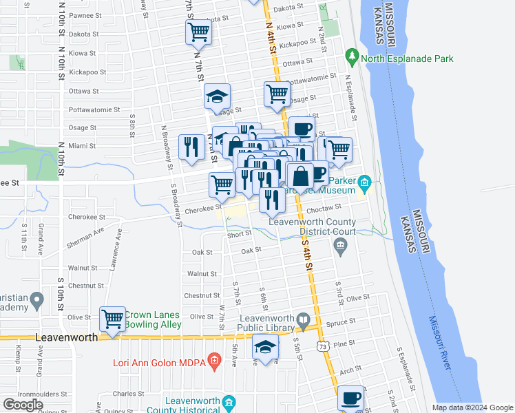 map of restaurants, bars, coffee shops, grocery stores, and more near 519 Cherokee Street in Leavenworth
