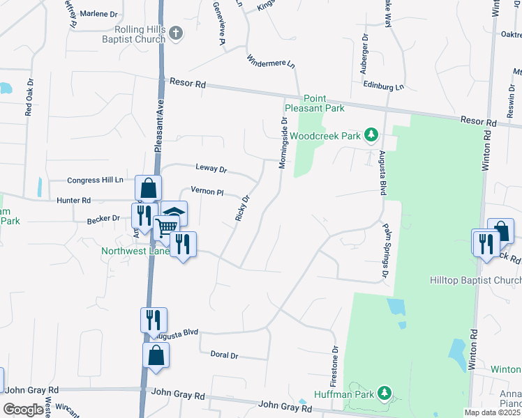 map of restaurants, bars, coffee shops, grocery stores, and more near 6027 Morningside Drive in Fairfield