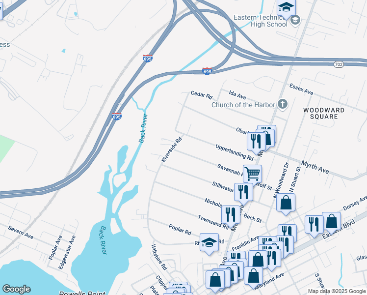 map of restaurants, bars, coffee shops, grocery stores, and more near 310 Savannah Road in Essex