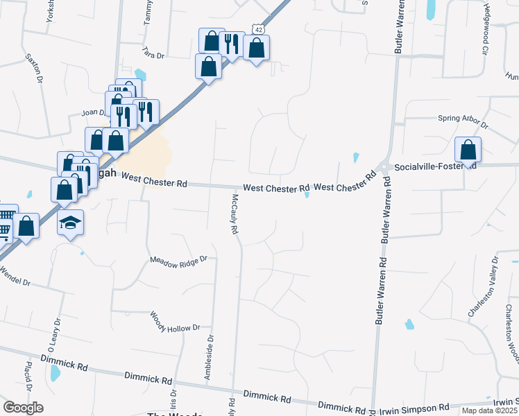 map of restaurants, bars, coffee shops, grocery stores, and more near 8129 West Chester Road in Butler County