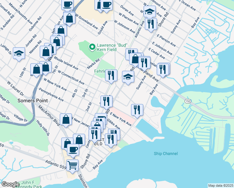 map of restaurants, bars, coffee shops, grocery stores, and more near 612 Shore Road in Somers Point