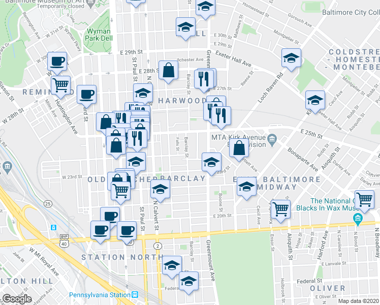map of restaurants, bars, coffee shops, grocery stores, and more near 2407 Barclay Street in Baltimore
