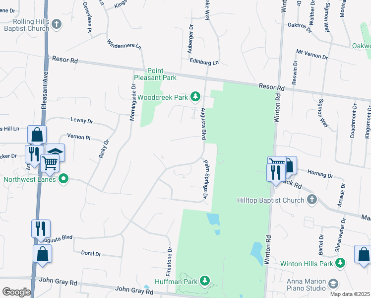 map of restaurants, bars, coffee shops, grocery stores, and more near 2065 Woodtrail Drive in Hamilton