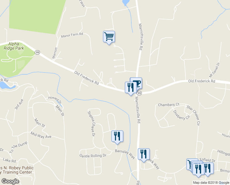 map of restaurants, bars, coffee shops, grocery stores, and more near 11261 Old Frederick Road in Marriottsville