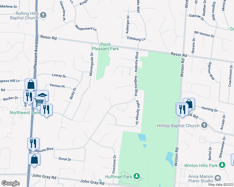 map of restaurants, bars, coffee shops, grocery stores, and more near 2057 Woodtrail Drive in Hamilton