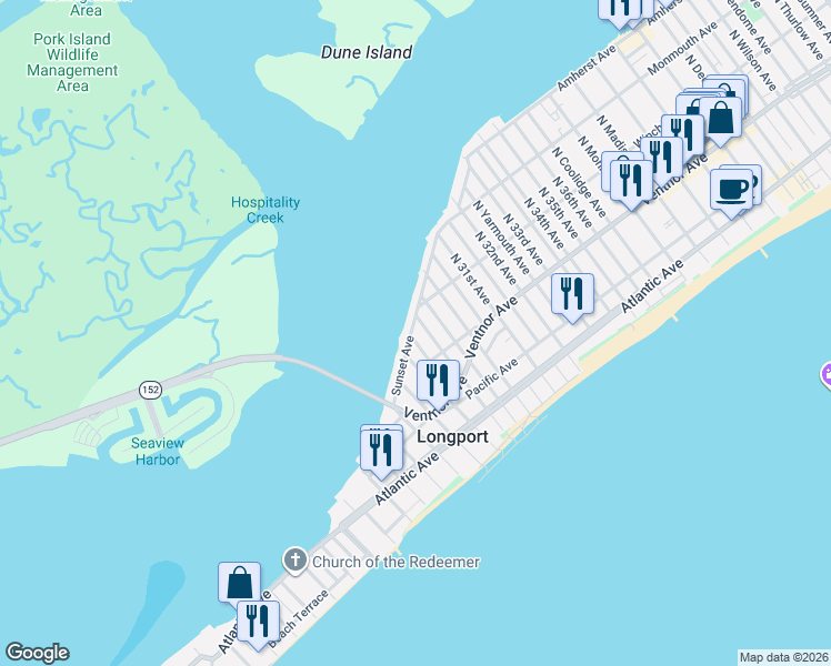 map of restaurants, bars, coffee shops, grocery stores, and more near 2901 Sunset Avenue in Longport