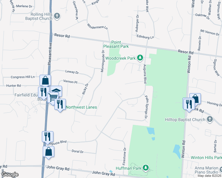 map of restaurants, bars, coffee shops, grocery stores, and more near 325 Knollridge Court in Fairfield