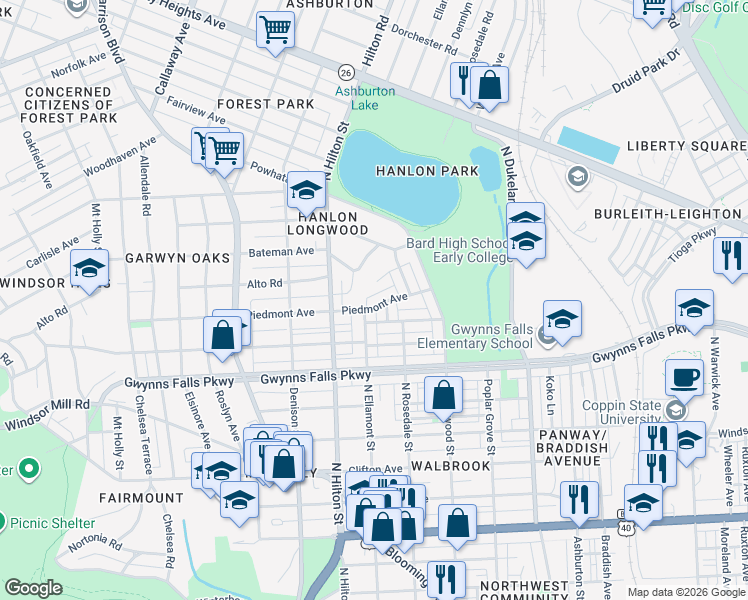 map of restaurants, bars, coffee shops, grocery stores, and more near 3130 Piedmont Avenue in Baltimore