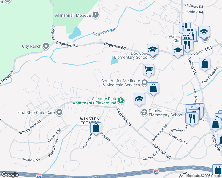 map of restaurants, bars, coffee shops, grocery stores, and more near 7507 Fairbrook Road in Woodlawn