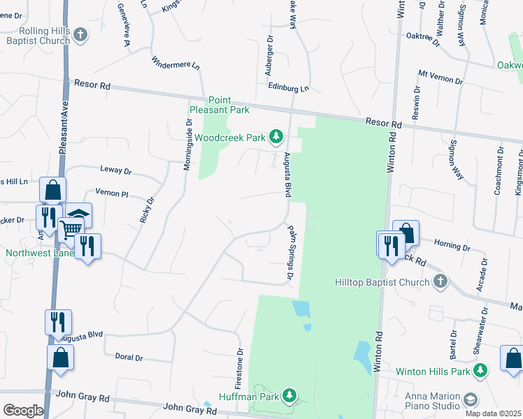 map of restaurants, bars, coffee shops, grocery stores, and more near 2065 Woodtrail Drive in Hamilton