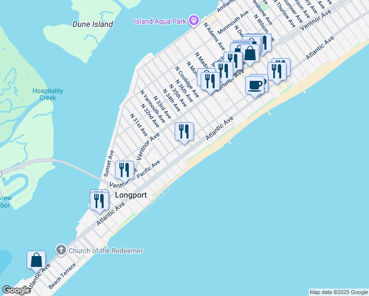 map of restaurants, bars, coffee shops, grocery stores, and more near 3201 Atlantic Avenue in Longport