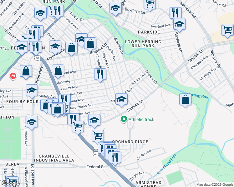 map of restaurants, bars, coffee shops, grocery stores, and more near 3928 Kenyon Avenue in Baltimore