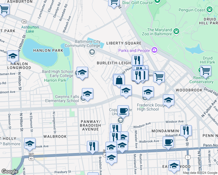 map of restaurants, bars, coffee shops, grocery stores, and more near 3028 Tioga Parkway in Baltimore