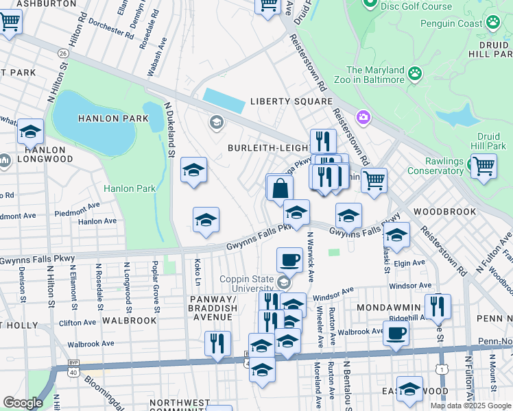 map of restaurants, bars, coffee shops, grocery stores, and more near 3028 Tioga Parkway in Baltimore