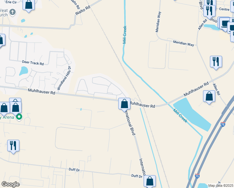 map of restaurants, bars, coffee shops, grocery stores, and more near 5379 Aster Park Drive in Butler County